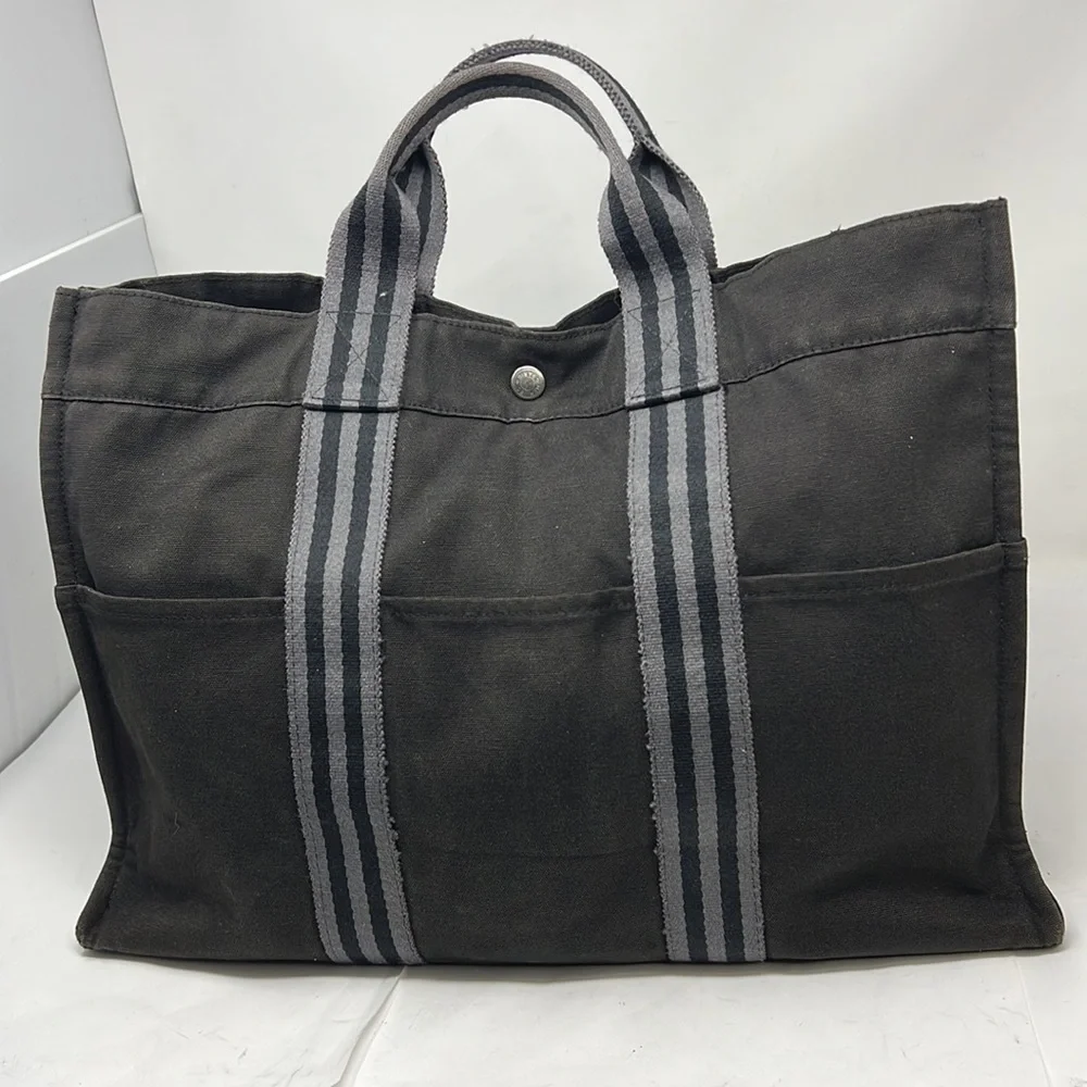 HERMÈS Toile Fourre-Tout MM Black Gray Tote - Picture 2 of 16